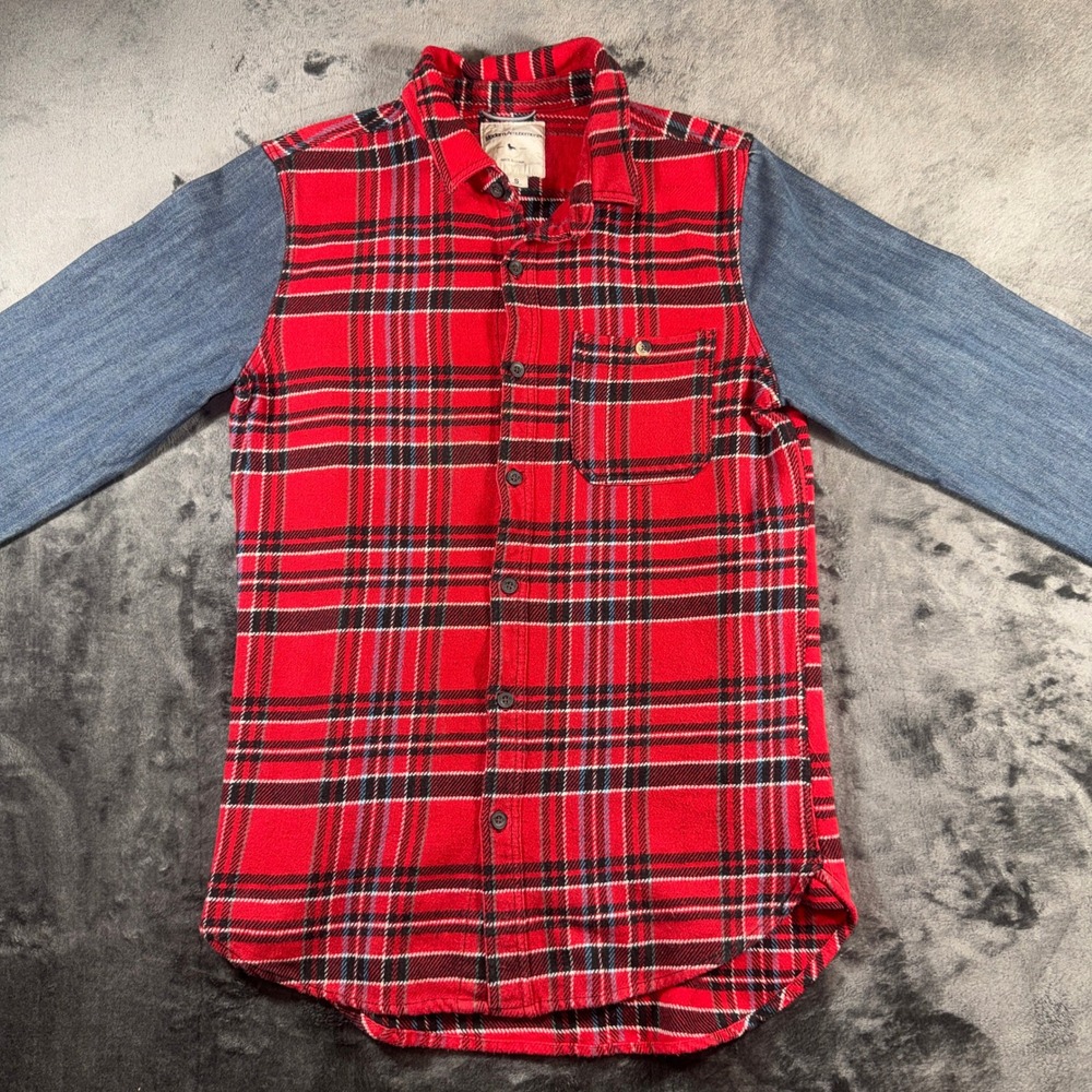 Modern Amusement Mens Red Plaid Flannel Denim Sleeve Button Down Shirt Small